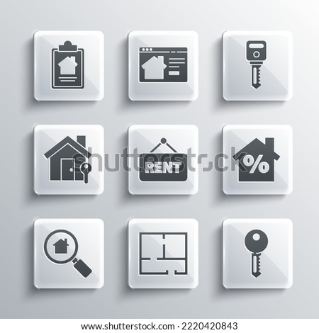 Set House plan, key, with percant discount, Hanging sign Rent, Search house, contract and  icon. Vector
