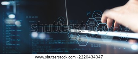 Software, web development, data processing, programming concept. Coding programmer using computer with program code and data management technology icon. Technology process of software development