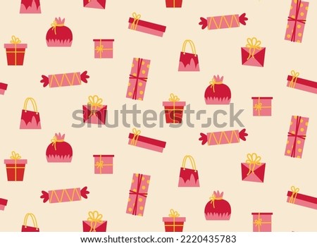 Seamless pattern with red gifts. Christmas texture in flat style.