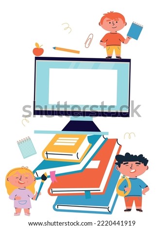 Virtual modern video classroom e-learning, conference. Cartoon vector illustration in flat style. Concept for web, graphic design, Landing page template.