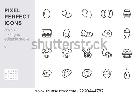 Eggs line icon set. Container, easter hunt basket, eggshell, yolk, scrambled, cooking ingredient minimal vector illustration. Simple outline sign for breakfast. 30x30 Pixel Perfect, Editable Stroke Royalty-Free Stock Photo #2220444787