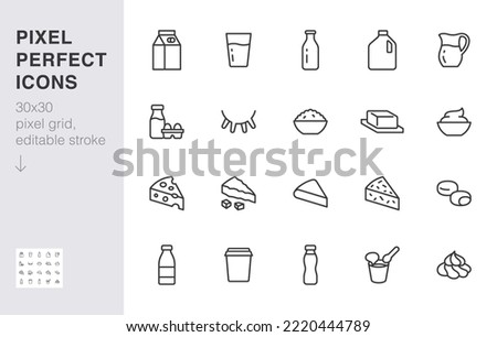 Dairy products line icon set. Jug, kefir, eggs, cow udder, cottage cheese, bottle, yogurt, cheddar minimal vector illustration. Simple outline sign for milk food. 30x30 Pixel Perfect, Editable Stroke Royalty-Free Stock Photo #2220444789