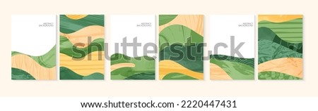 Abstract agriculture field or farm card background. Vineyard valley pattern, spring countryside landscape, ecology poster template. Summer nature backdrop, organic design set, eco green flyer layout Royalty-Free Stock Photo #2220447431