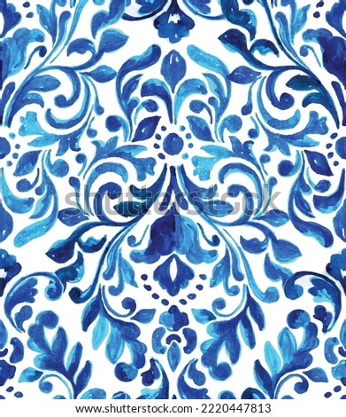 Seamless vintage ornamental watercolor paint pattern for fabric and ceramic tile. Indigo Portuguese abstract filigree background. Classic Blue damask, hand drawn floral design. Royalty-Free Stock Photo #2220447813