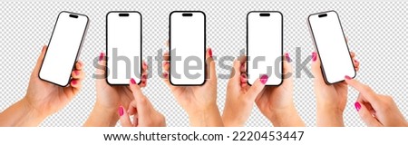 Woman holding phone in hand, screen mockups of different angles and positions Royalty-Free Stock Photo #2220453447