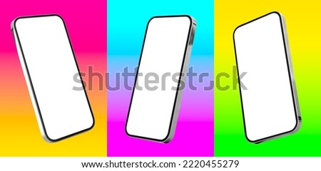 Mobile phone screen mockups, phones in different angles on colorful background