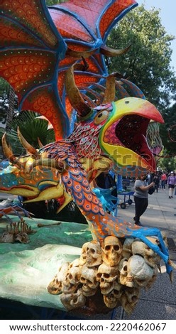 Mexico City - October 22, 2022: Exhibition of colorful creatures on Reforma Avenue. Animals inspired by dreams and nightmares                