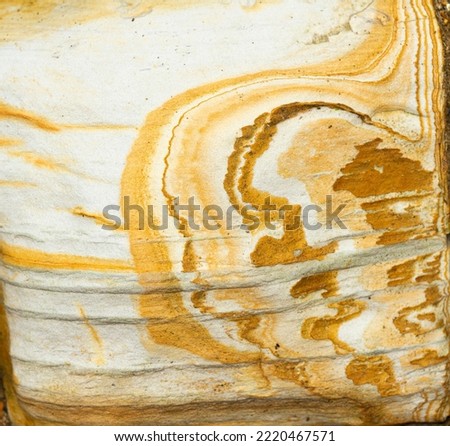 Ancient Jurassic sediments laid down in a shallow marine environment have been folded and contorted into an abstract design. The quartz grains of the sandstones are stained with iron oxide Royalty-Free Stock Photo #2220467571