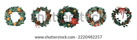 Christmas door wreath designs set. Fir branch circles with Xmas decor, ornaments, ribbon, baubles, flower, food for winter holiday decoration. Flat vector illustrations isolated on white background Royalty-Free Stock Photo #2220482257