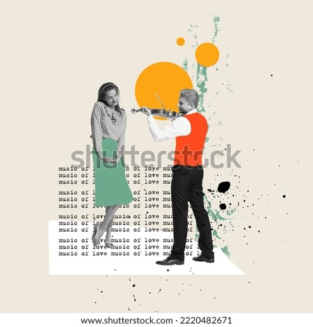 Music of love. Young couple in love stranding on abstract background with text. Bright contemporary art collage or design. Art, fashion and music. Ideas, relationship, vintage, retro style