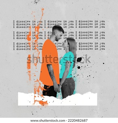 I dissolve in you. Young couple in love stranding on abstract background with text. Bright contemporary art collage. Art, fashion and music. Ideas, relationship, vintage, retro style, imagination