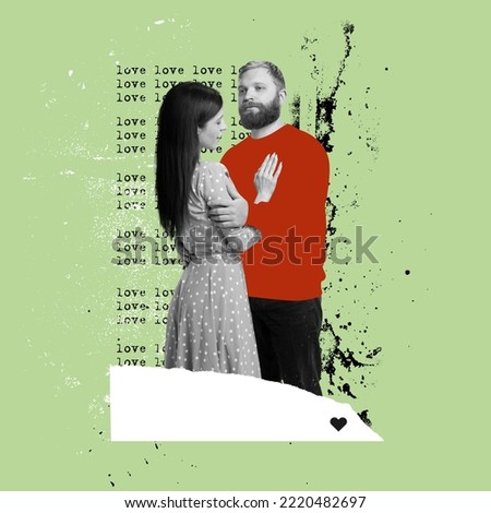Young couple in love stranding on abstract background with drawings. Bright contemporary art collage or creative design. Art, fashion and music. Ideas, relationship, vintage, retro style, imagination