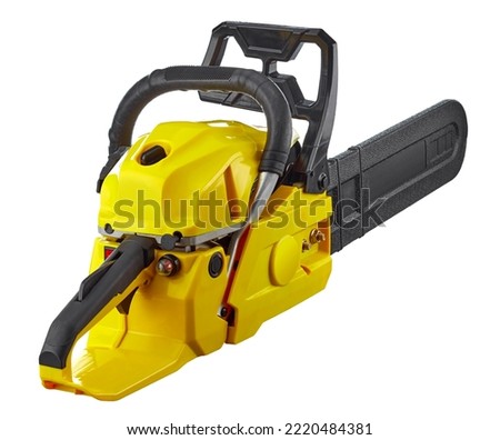 Manual powerful chainsaw in yellow and black colors, with a chain covered with a protective casing, isolated on a white background. Rear view. Royalty-Free Stock Photo #2220484381