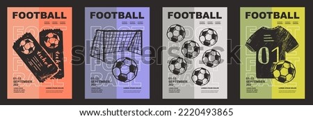 Template Sport Layout Design, soccer football. Football league tournament poster vector illustration. Ball with ticket, goal, gate, t shirt, uniform football pitch background.