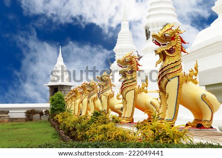 Golden Lion in temple /Stucco art of Thailand.