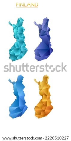 Set of vector polygonal maps of Finland. Bright gradient map of country in low poly style. Multicolored Finland map in geometric style for your infographics. Elegant vector illustration.