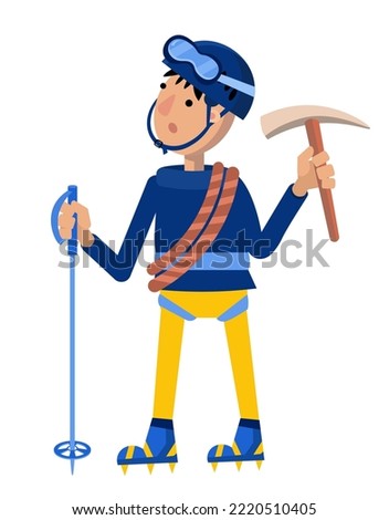 Cute climber with cartoon-style tools and crampons. Hobby and sport. Character for postcards, books, posters. Vector illustration, isolated icon on white background.