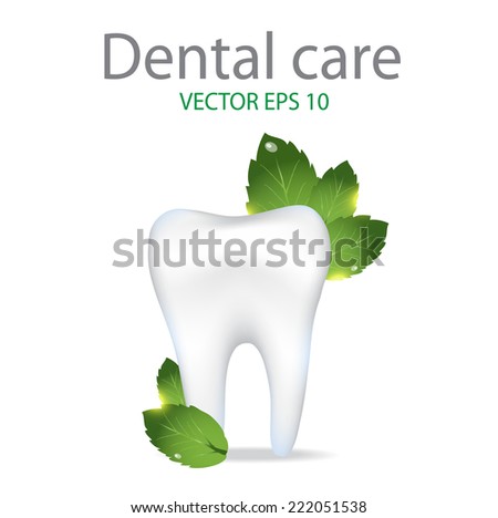 Realistic tooth. Dental care background.Peppermint leafs. 