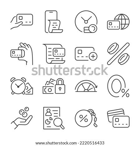 Credit card icons set. Bank card, linear icon collection. Credit payment. Approval to obtain a loan, installment plan, mortgage. Credit history, rating. Line with editable stroke Royalty-Free Stock Photo #2220516433