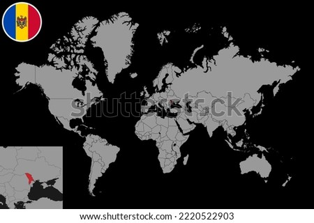 Pin map with Moldova flag on world map. Vector illustration.