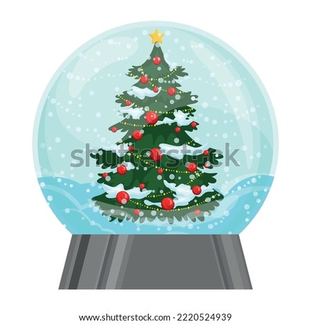 Magic Glass Snow Globe. Christmas greeting card, poster with pine, Fir-tree  in a snow globe. Vector illustration. Merry christmas and Happy new year 

