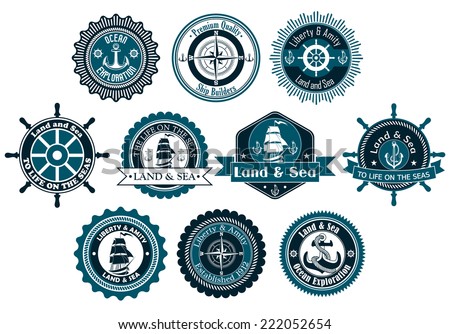 Circle marine heraldic labels with anchors, compass, sailboat and ropes for nautical and logo design
