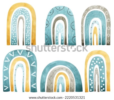 Watercolor set with funny blue, mustard and grey boho rainbows on a white background