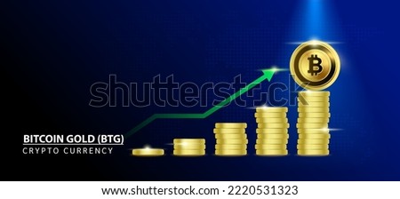 Bitcoin Gold (BTG) Coin crypto on blue background. Stablecoin blockchain token price increase from pile of gold coins.There is space to enter message. Nice for cryptocurrency digital money concept.