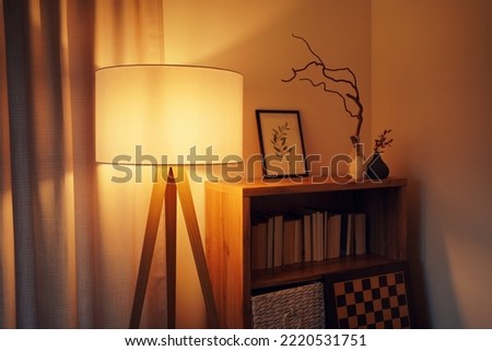 Decorative lamp shade with warm light next to a bookshelf Royalty-Free Stock Photo #2220531751