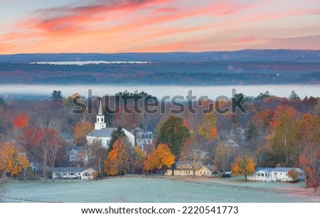 Overlooking a peaceful New England Farm in the autumn at sunrise with frost on foreground, Boston, Massachusetts, USA Royalty-Free Stock Photo #2220541773