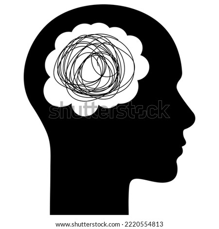 Human head silhouette with tangled line inside. Concept of mental disorder, finding solution, chaotic thinking process and depression. Vector illustration