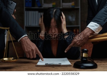 Stressed business woman while sign contract. Law, legal services, advice, Justice concept