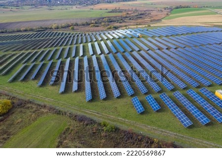 Solar panels aerial view. Solar energy modules, photovoltaic PV plant, alternative renewable energy system Royalty-Free Stock Photo #2220569867