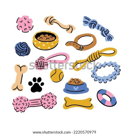 Dog Accessories Set, Pet Shop Products, Food, Toys, Treats. Cute Dog things vector illustration hand-drawn style.