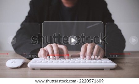 man using mouse and keyboard for streaming online, watching video on internet, live concert, show or tutorial