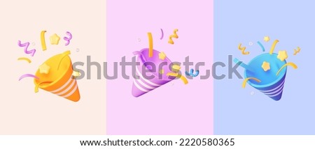 Party Popper Emoji icon with confetti. For birthday, New year and party. In yellow, pink and blue colors. illustration of 3d rendering.