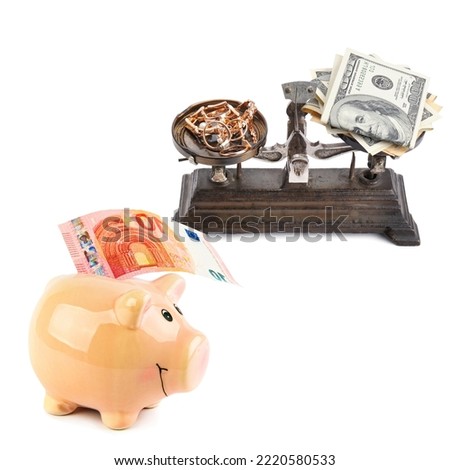 Piggy bank with euro banknotes and scales with jewels and dollars isolated on white background. Collage. Place for your text.