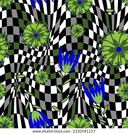 Abstract Hand Drawing Retro Flowers and Leaves Seamless Vector Pattern with Checkered Optical Illusion Chess Board Background