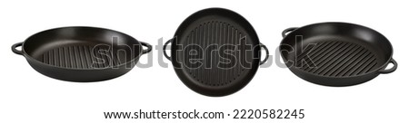 Empty cast iron grill frying pan isolated on white background with. Top view. Royalty-Free Stock Photo #2220582245
