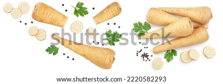 Parsnip root and slices with parsley peppercorns isolated on white background with copy space for your text. Top view. Flat lay, Royalty-Free Stock Photo #2220582293