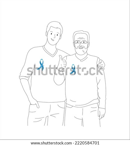 Young and senior men wearing blue ribbons. Prostate Cancer Awareness Background. Men's health care concept. Vector illustration.
