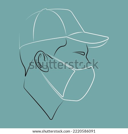 Silhouette of a guy. Portrait. Avatar. Icon. Facial contours. Man in a baseball cap. Linear head. Man head silhouette. Flat colored illustration. Male head in the mask. Linear art.