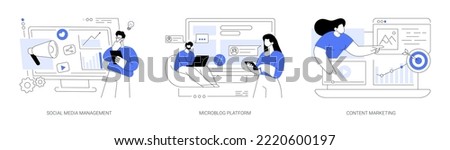 SMM strategy abstract concept vector illustration set. Social media management, microblog platform, online content marketing, user engagement and interaction, sharing post abstract metaphor. Royalty-Free Stock Photo #2220600197