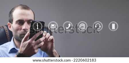 Man showing Contact symbols. Social Media. Internet 