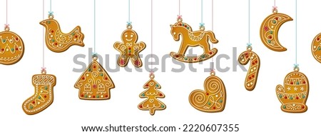 Hanging Christmas gingerbread cookies in cartoon style on horizontal seamless pattern. Sweet biscuits in festive shapes characters for template web banner. Cute childish Vector illustration Royalty-Free Stock Photo #2220607355
