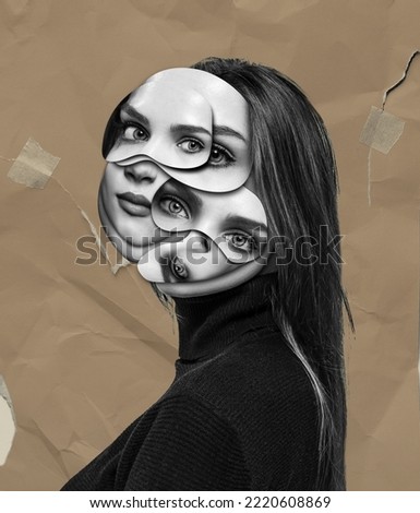 Contemporary art collage. Creative design. Beautiful woman with head made from different face parts. Zine style artwork. Concept of inner world, psychology, surrealism, emotions, feelings, fashion Royalty-Free Stock Photo #2220608869