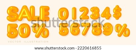 Discount sale volumetric header, 3d letters and numbers. Inflated, isolated, yellow balloons. Banner with any discount. Vector illustration Royalty-Free Stock Photo #2220616855