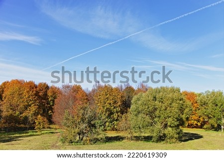Colorful autumnal trees in the European park at Sunny october day on blue sky with clouds and plane vapor exhaust background