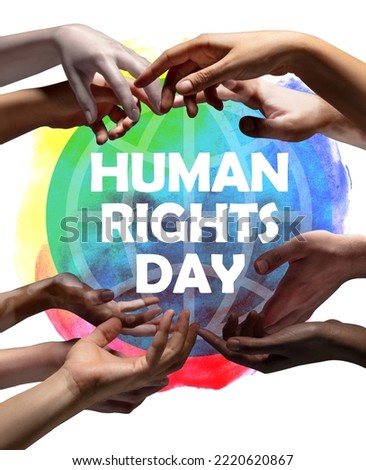 Peace. Hands of people of different nations and religion on bright abstract background with lettering. Symbol of unity, equality, friendship and support. Human Rights Day. December 10
