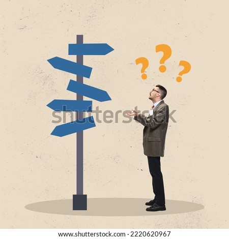 Difficult choice. Creative art collage or design. Office worker standing near road sign and has question mark at his mind, head. Choosing strategy for achieving goal. Concept of business, career